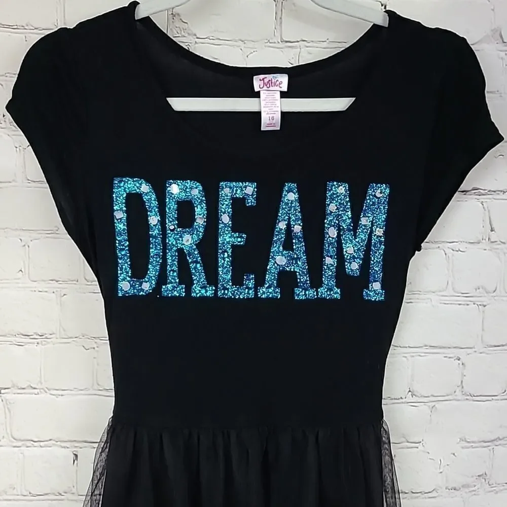 JUSTICE Girls 16 Black DREAM Bedazzled Sequin Jersey Tulle Dress Casual Girly